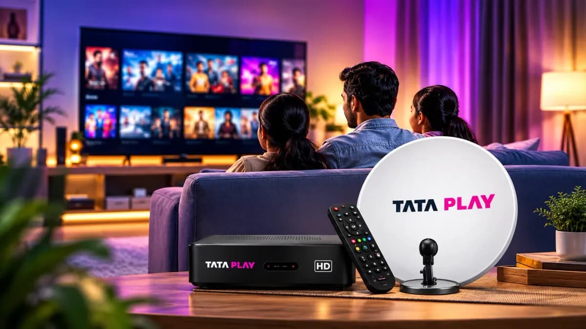 Family enjoying Tata Play entertainment with HD set-top box, remote and dish